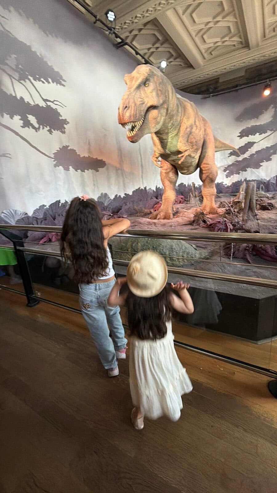 Dos niñas mirando al T. rex animatrónico del Museo de Historia Natural